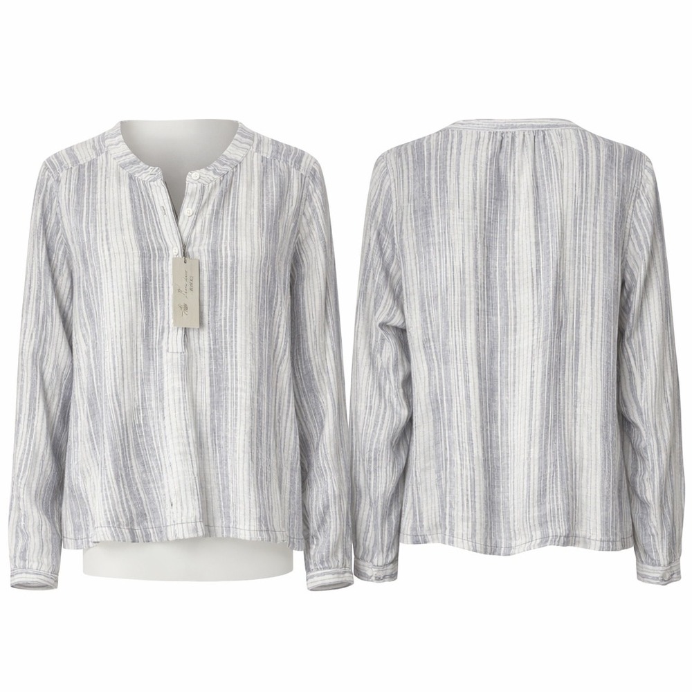 North River Striped Linen Blend Blouse XL Gray White Lightweight Boho Minimalist